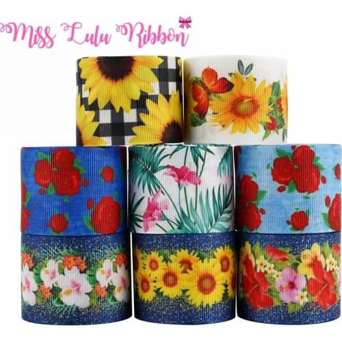 16mm,22mm,25mm,38mm,75mm Sunflor Ribbon flower Ribbon Print Grosgrain Ribbon For Handmade Bow Material Elastic Band 50Yards