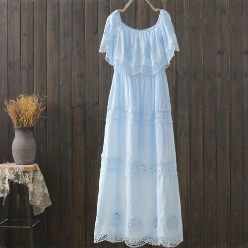 Summer fairy Four-color-sweet lace slash neck hollow out patchwork lace cotton full dress BC36