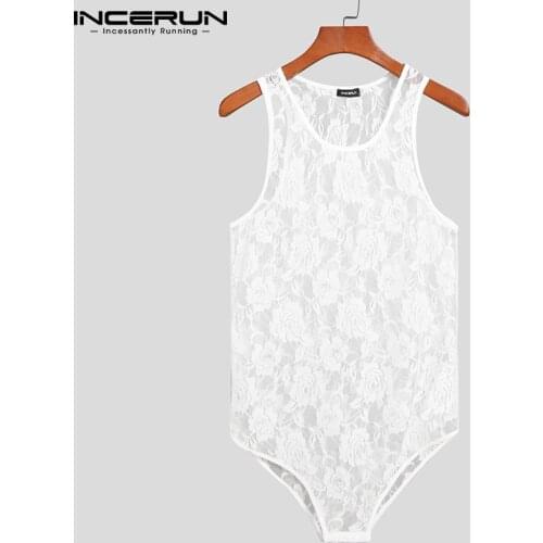 Summer Men Mesh Pajamas Bodysuits Lace See Through Sleeveless O Neck Homewear Rompers Sexy Men Tanks Tops Bodysuit INCERUN S-5XL