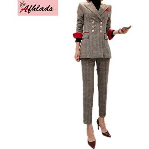Fashion patchwork plaid suit female 2018 spring and autumn new Slim style double-breasted jacket long pants two-piece sets