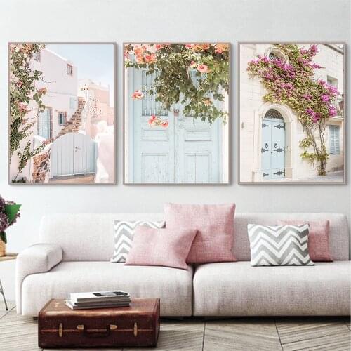 Pink Vintage Flower Door Landscape Wall Art Canvas Painting Nordic Greece Posters And Prints Wall Pictures For Living Room Decor
