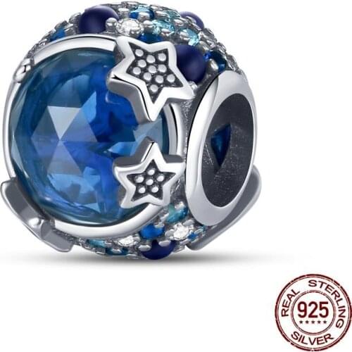 2021 New Real 925 Sterling Silver Celestial Blue Sparkling Stars Charm Beads fit Original Bracelet Silver 925 Jewelry Making