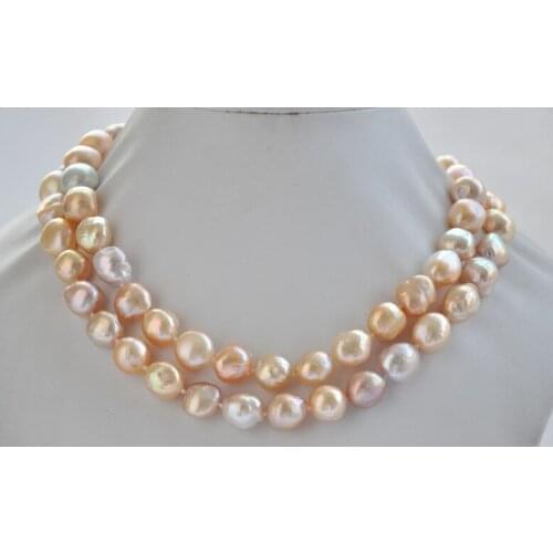 Wedding Woman Jewelry 2 Rows 9-13MM Pink Pearl Baroque Choker Necklace Natural Freshwater Pearl Handmade