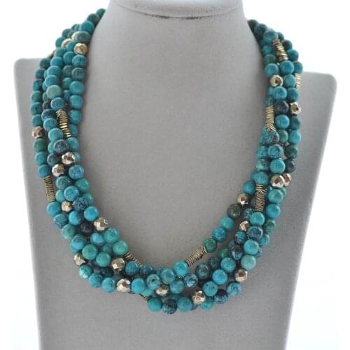 MCT·STAR Z10283 5Row 18" 8mm Natural Round Turquoise Gold Hematite Necklace