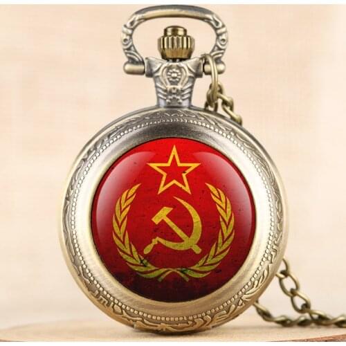 Party Emblem USSR Soviet Badges Hammer Sickle Quartz Pocket Watch Russian Army CCCP Communism Necklace Clock Chain for Men Women