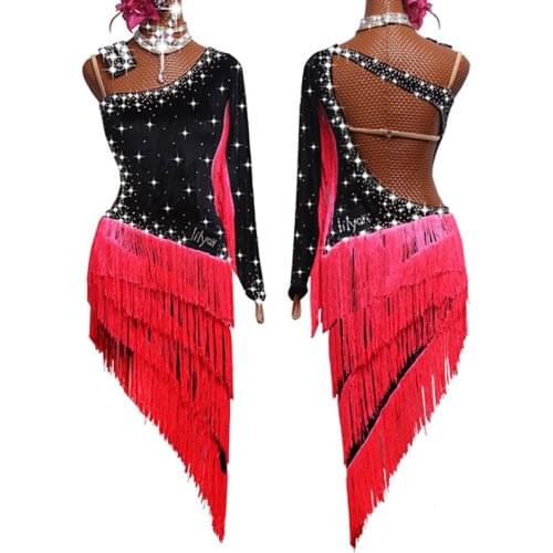 Latin Dance Dress Shiny Rhinestone Black Velvet Fringed Competition Dresses Salsa Rumba Chacha Samba Stage Show Wear Lady DN3541