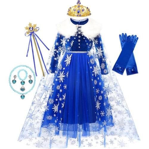Disney Frozen Princess Elsa Dress For Girls Snowflake Dark Blue Long Sleeve Prom Gown Kids Halloween Christmas Cosplay Costumes