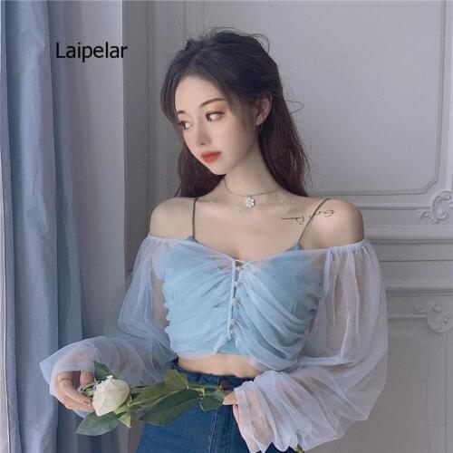 Sexy Pleated Blue Mesh V Neck Puff Long Sleeve Women Blouses Thin Short Tops New Wild Korean Chic Sunscreen Shirts Fashion