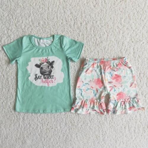 RTS wholesale baby girls heifer design short sleeve tee shirt top ruffle floral shorts kids boutique outfits clothing clothes