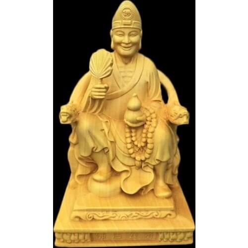 Boxwood 10cm Ji Gong Sculpture Crazy Monk Wood Carving Sitting Buddha Status Feng Shui Home Decor