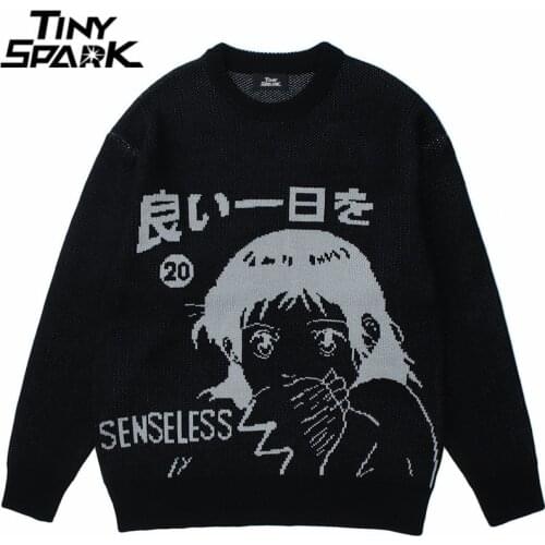 Hip Hop Streetwear Knitted Sweater Japanese Kanji Anime Print Pullover 2021 Men Autumn Harajuku Cotton Casual Sweater Black