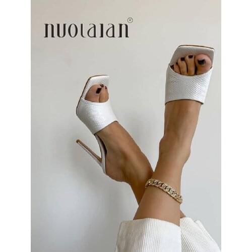 2020 Summer Women Pumps Square Toe Ladies Heel Mules Sexy Thin High Heels Sandals Slippers Female Fashion Woman Shoes 11CM