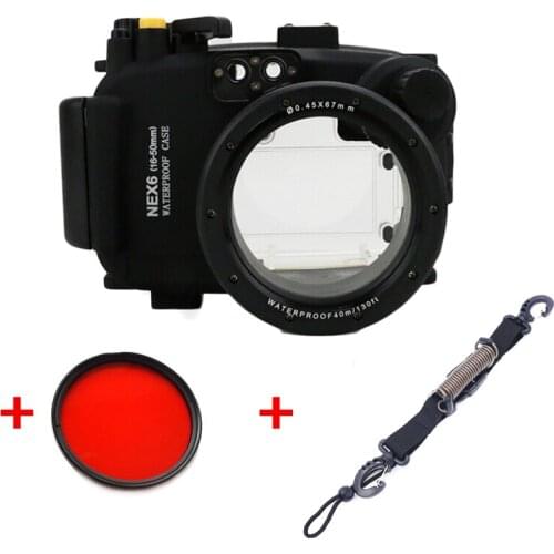 Underwater Waterproof Housing Diving Camera Case Bag for SONY Nex-6 Nex 6 16-50mm lens+Red filter and Quick Release Coil Lanyard