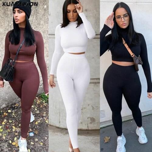 XUANSHOW Two Piece Sets Women Solid Autumn Tracksuits High Waist Stretchy Sportswear Hot Crop Tops And Leggings Matching Outfits