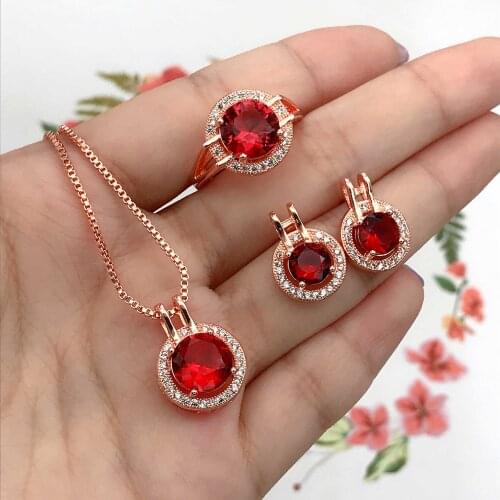 Fine Jewelry Sets Fashion Round Red Zircon Elegant Pendant Necklace Charm Womens Wedding Ring Unusual Earrings Valentines Gifts