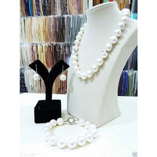Hot selling ***** 14mm round White South Sea Shell Pearl Necklace Bracelet Earring Set
