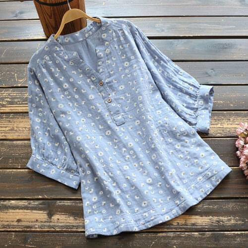 7814 New Summer Women Blouse Short Sleeve Double Layer Cotton Print Stand Collar Loose Casual Pullover Shirt Women