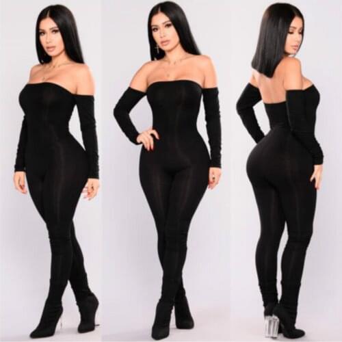 Women Off Shoulder Bodycon Long Sleeve Romper Clubwear Playsuit Jumpsuits Sexy Solid Jumpsuits Female