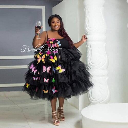 Extra Puffy Blace Tulle Women Prom Dress With Butterfly Sexy Spaghetti Strap Brithday Party Gowns Mid-Calf Black Girls Dress