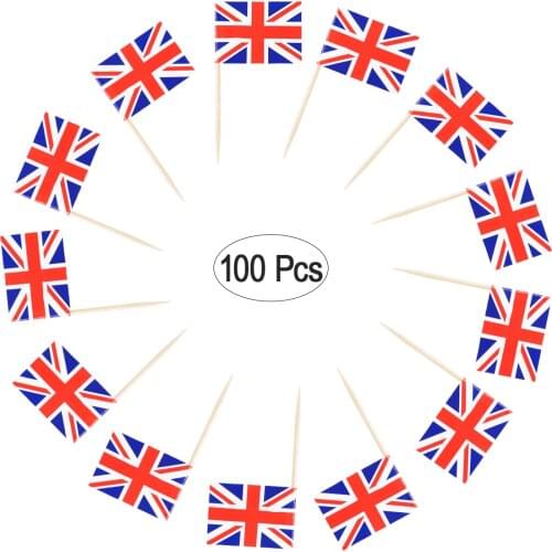 100pcs Cake Topper Wooden Flag England Flag Toothpick Cupcake Topper Dessert Decor for National Day Cake Party Dessert