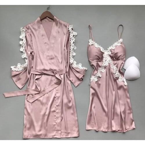 Satin Sleepwear Sets Sexy Silk Pajamas Dress Robe Long Sleeve Nightgown Home Clothes Lounge Wear Pj Set Pjs Women