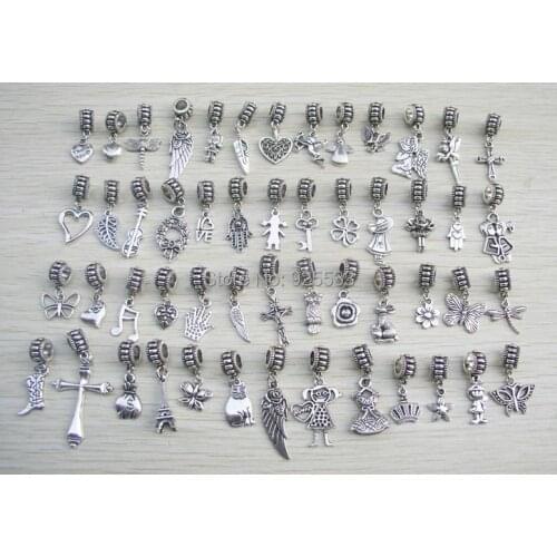 Free shipping 50pcs/lot mix style big hole antique metal loose beads with pendant fit European bracelet jewelry DIY