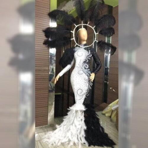 Sparkly Rhinestones Feather Black And White Long Dress Female Singer Oping Dance Stage Performance Evening Costume DJ374
