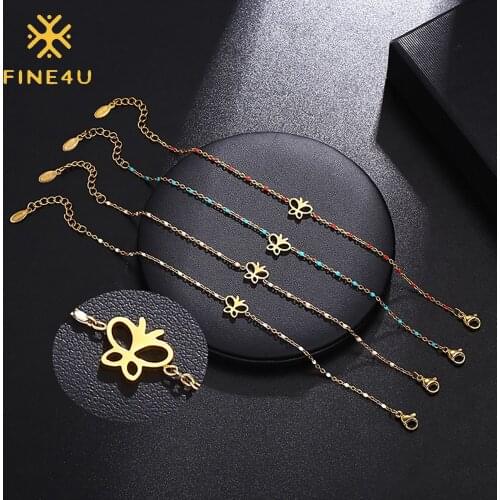 FINE4U B553 Adjustable 1.5mm Beads Chain Bracelet for Women Simple Style Butterfly Charm Bracelet Birthday Gift