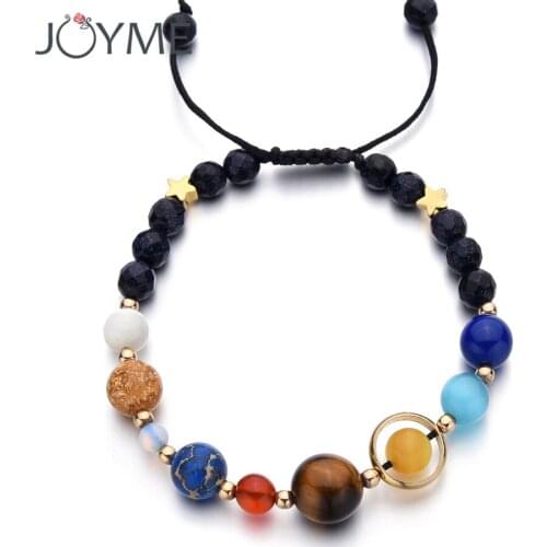Adjustable Size Handmade Universe Galaxy Eight Planets Solar System Guardian Stars Stones Beads Women Elastic Bracelets Bangles