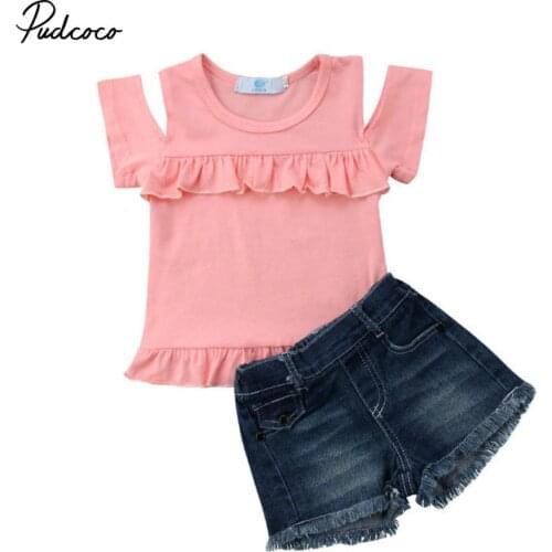 Kid Casual Clothing Set 2Pcs Baby Toddler Girls Kids Overalls Denim Skirt +Off Shoulder T-shirt Clothes Outfits 2019 Summer