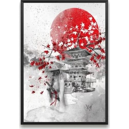 Ancient Building Swordsman Maple Leaf Red Moon Decorative Picture Vintage Wall Art Canvas Paintings for Living Room Home Decor