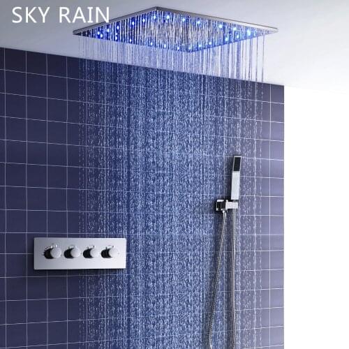 SKY RAIN Bathroom LED Rain Shower Set Rainfall Massage SPA Mist Square Shower head With Thermostatic Valve