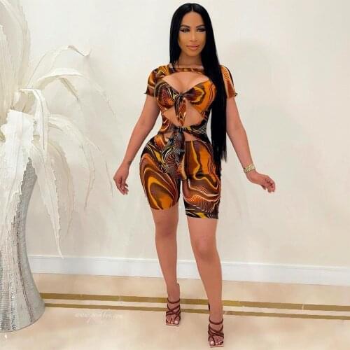 Print Playsuit Women Sexy Hollow Out Lace Up Hollow Out Short Sleeve Biker Shorts Slim Rmpers Womens Jumpsuit Clubwear Outfits