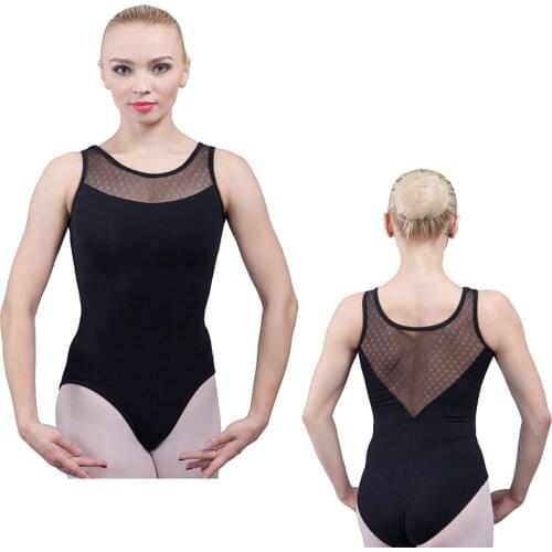 TINY DANCE Plus Size Black Cotton Lycra and Mesh Camisole Ballet Dance Leotard for Adult 01D0047