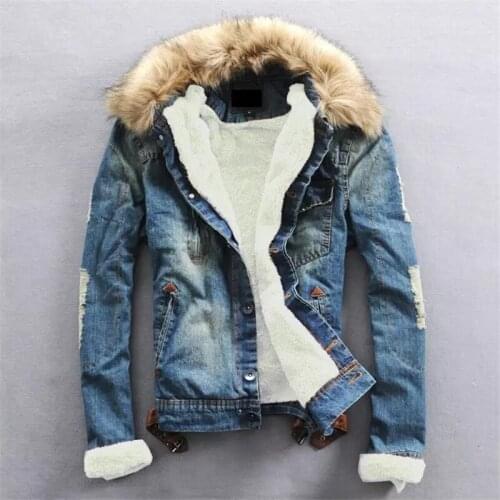 Idopy Winter Fleece Denim Jacket Plus Size S-6XL Thicken Thermal Warm Jeans Jacket and Coat With Fur Collar