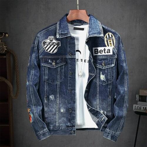 Autumn New Style Ruffian Handsome Fried Street Fashion Blue Stretch Denim Jacket Men Loose Hole Fashion All-match Jacket Men
