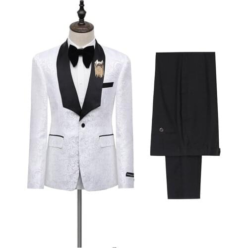 2021 Europe size Jacquard Groomsmen white Groom Tuxedos Shawl Lapel Men Suits Wedding Prom Best Man Blazer Jacket vest Pants Set