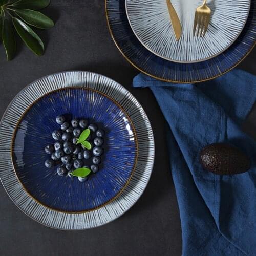 8 /10.5 inch color glaze blue and light grey ceramic Plate set for dinner dessert snack cake salad