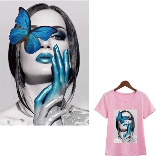 Blue Butterfly Girl Iron Sticker For Clothing Abstract Heat Print On T-Shirt Dresses Washable Diy Applications For Clothes