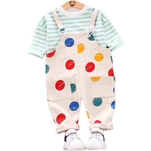 Autumn Children Kids Cotton Toddler Clothes Baby Boys Girls Dot Striped T Shirt Strap Pants 2 Pcs/sets Infant Casual Tracksuits