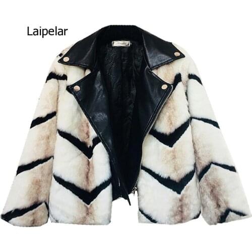 Fox Faux Fur Coat Women Winter Warm Artifical Fur Striped Coat Overcoat Female Ladies Leather Patchwork Jacket