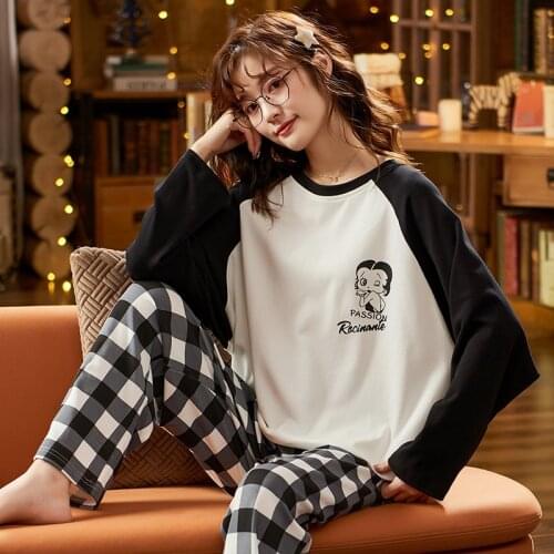 Sexy Girl Cartoon Cute Women Pajamas Set Winter Warm O-Neck Patchwork Black Long Sleeve Sleepwear Korean Fashion Womens Pajamas