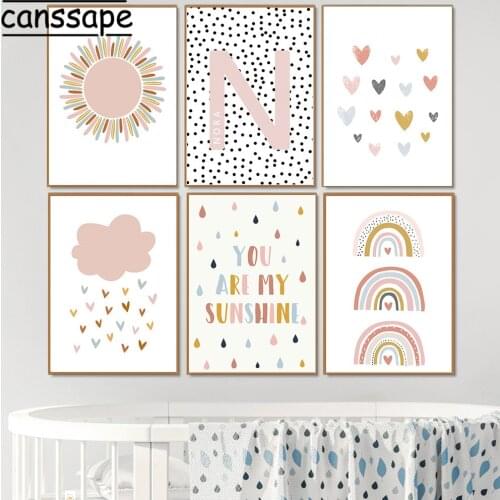 Sunshine Rainbow Canvas Painting Custom Name Art Poster Print Nursery Wall Art Prints Nordic Wall Pictures For Baby Room Decor