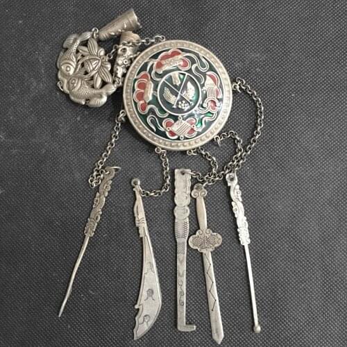 Rare Chinese Collectible Miao Yin Copper Handmade Fish Flower Amulet Auspicious Necklace Pendant (Ya Jin Lock) Statue/4 Styles