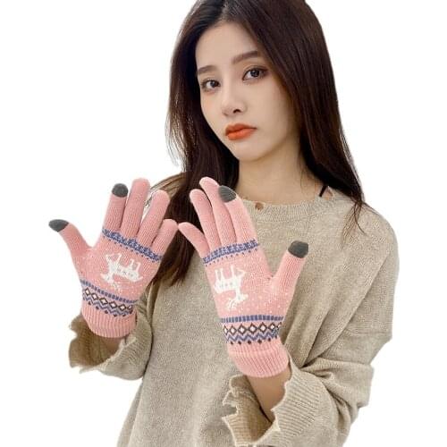 Sparsil Outdoor Warm Gloves Winter Touch Screen Autumn Knit Woolen Glove Unisex Full Finger Printed Knitted Mittens Deer Women