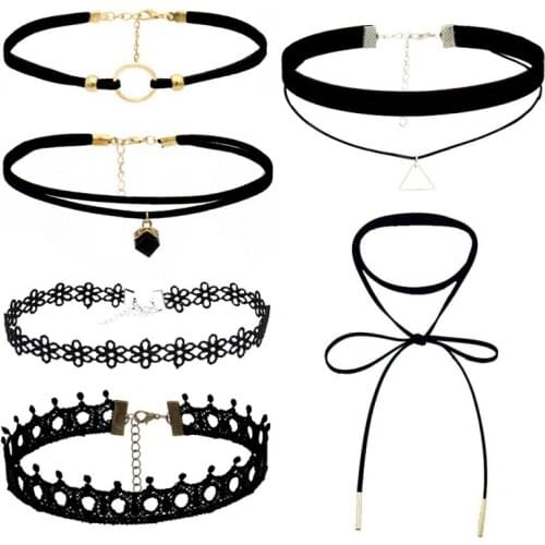 YOSEE 6PCS New Fashion Choker Set Punk Leather Long Necklaces Multilayers Pendant Statement Necklace Party