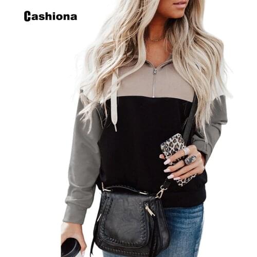 Plus size Women Casual Hooded Sweatshirt Patchwork Color Zipper V-neck Female Top Pullovers 2020 Spring Autumn New Sweatshirts