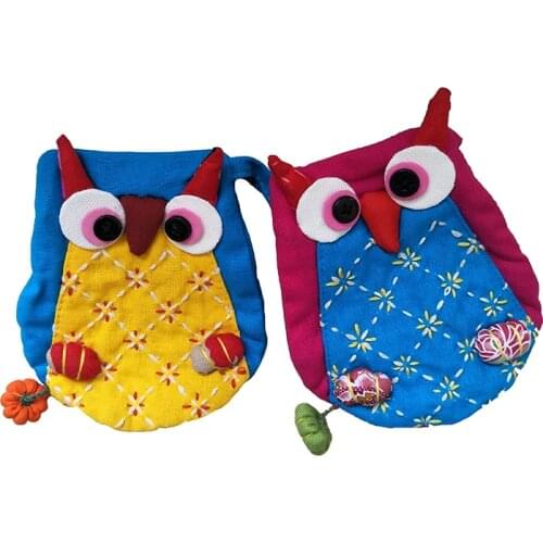 M045 Women Purses Cute Cartoon Owl Series National Style Cotton Cloth Bag Coin Bag Key Data Cable Package