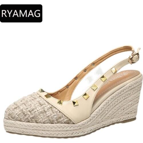 RYAMAG Womens Platform Wedges Sandals 2021 New Summer Pointed Rivet PVC Straw Woven Thick-soled High-heeled Shoes Women