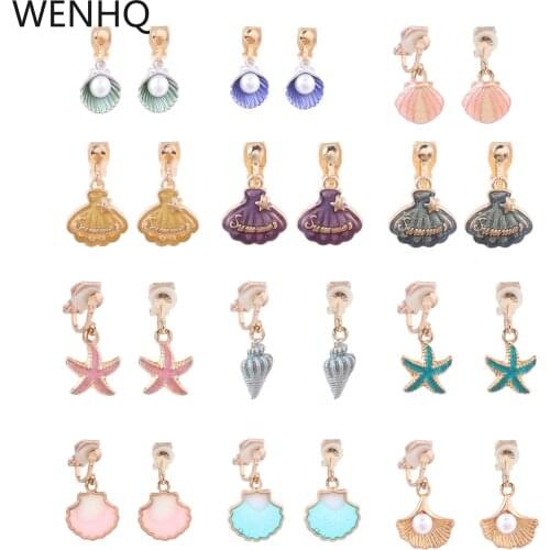 WENHQ Clip on Earrings No Pierced Jewelry for Women Girl Party Birthday Shell Star Shape Cute Cartoon Gold Color Cuff Earring